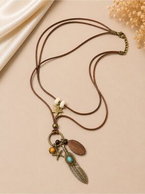 Bohemian Brown Multi-Charm Feather Necklace with Turquoise Accent